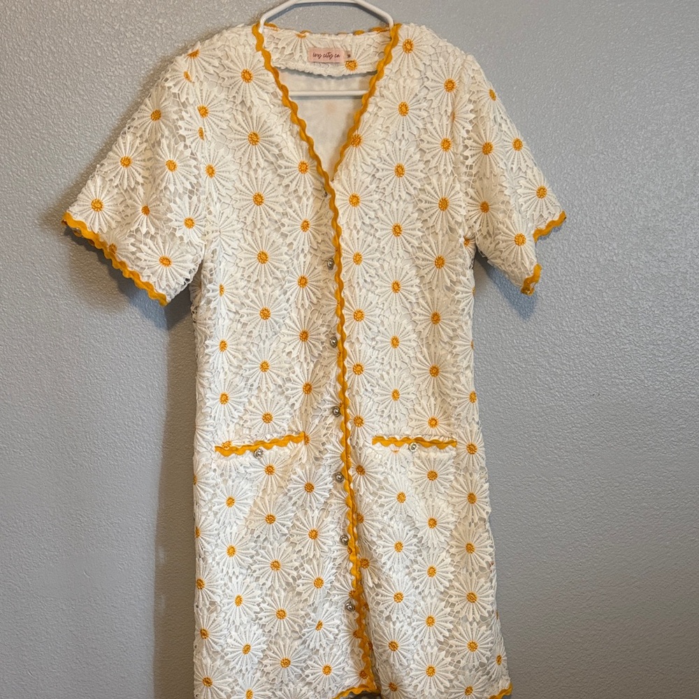 Ivy City Co White Crochet Daisy Dress with Yellow Trim
